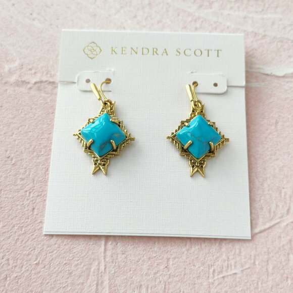 Kendra Scott Cass Variegated Dark Teal Vintage Gold Earrings - Picture 1 of 3